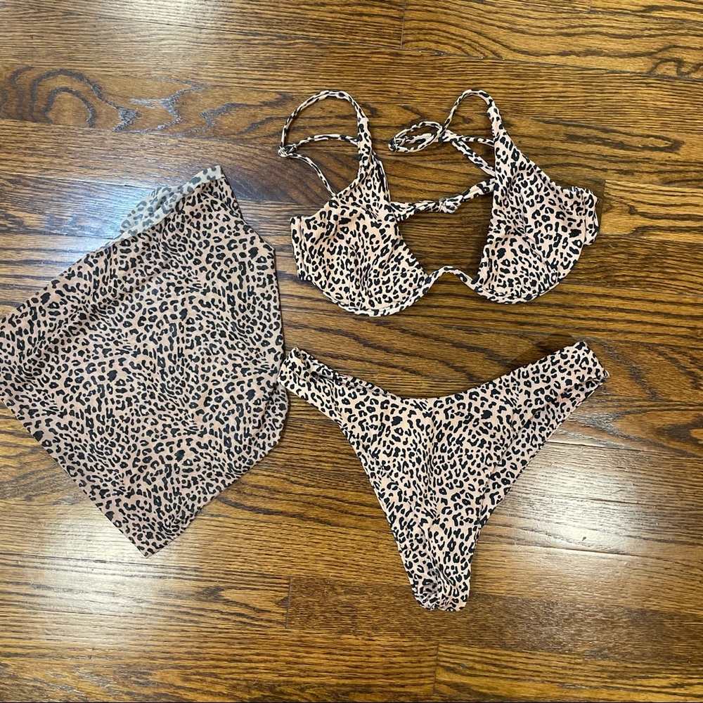 Cheetah 3 piece bikini cover up set